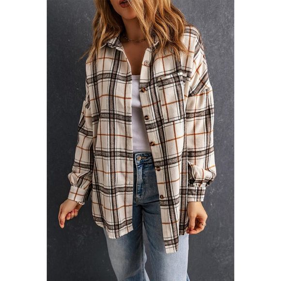 Azura Exchange  White Oversized Plaid Pattern Shacket with Slits - Picture 3 of 15